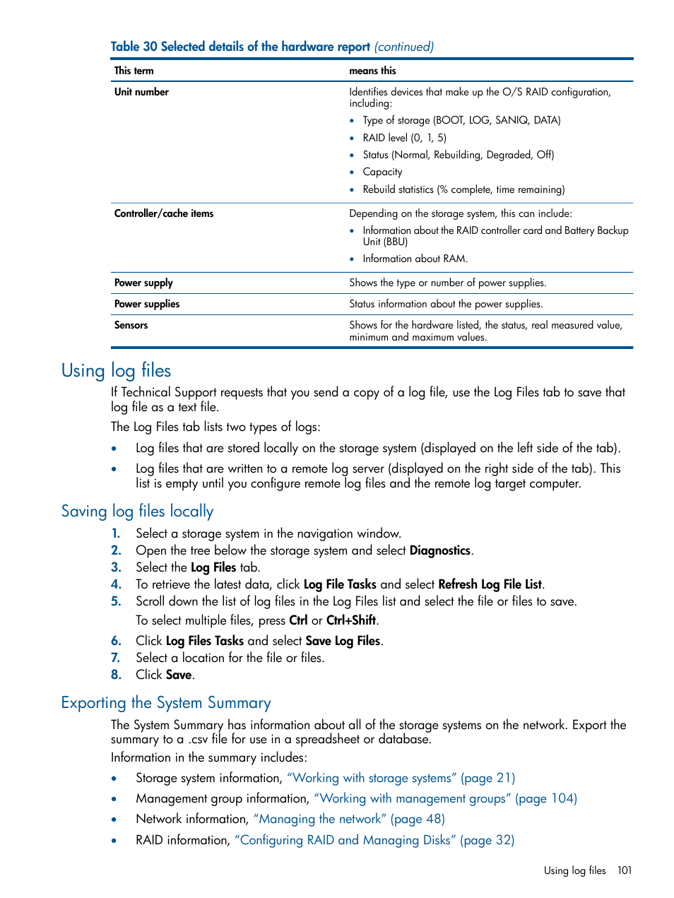 Using log files, Saving log files locally, Exporting the system summary | HP LeftHand P4000 Virtual SAN Appliance Software User Manual | Page 101 / 275