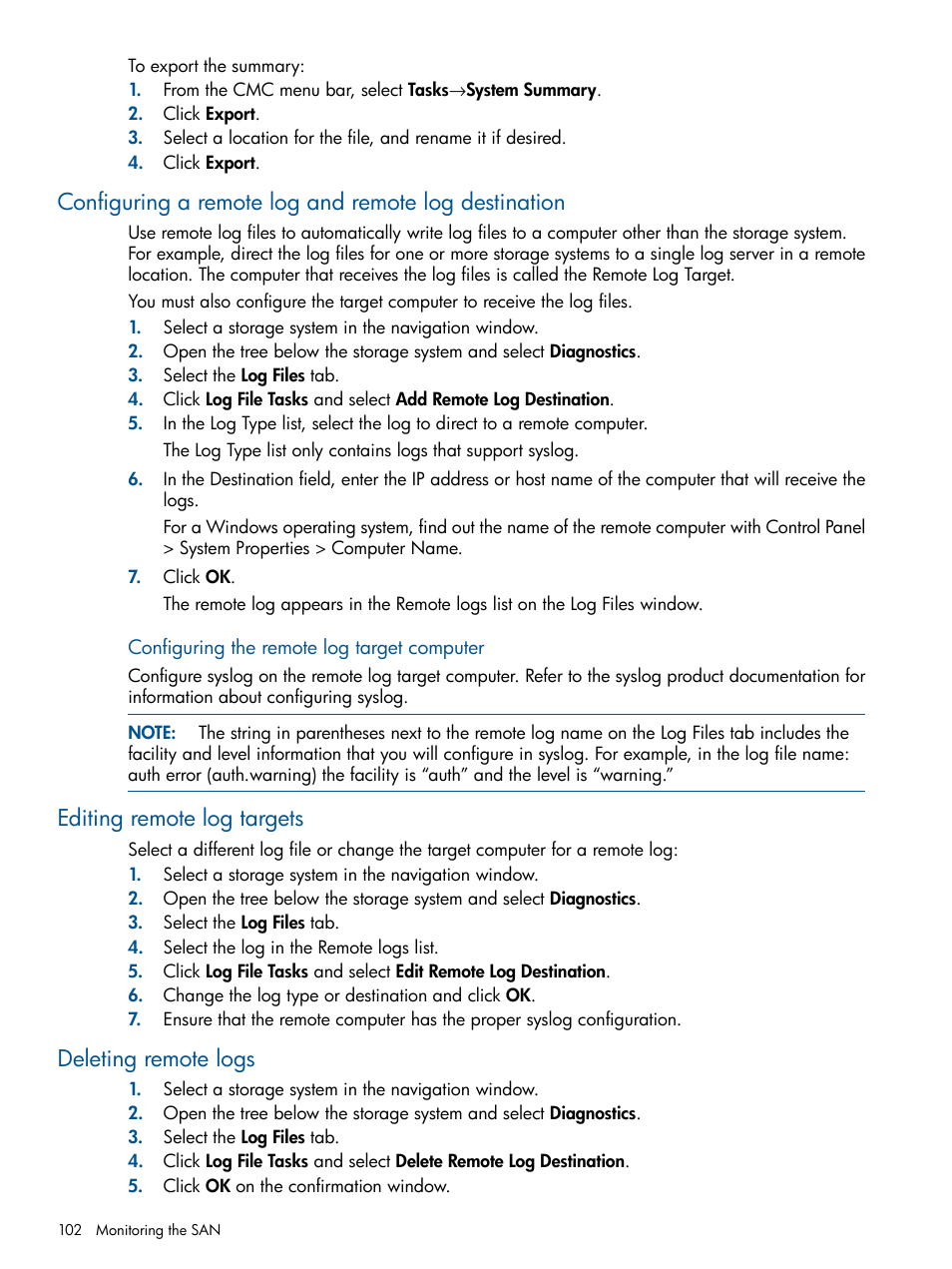 Editing remote log targets, Deleting remote logs | HP LeftHand P4000 Virtual SAN Appliance Software User Manual | Page 102 / 275