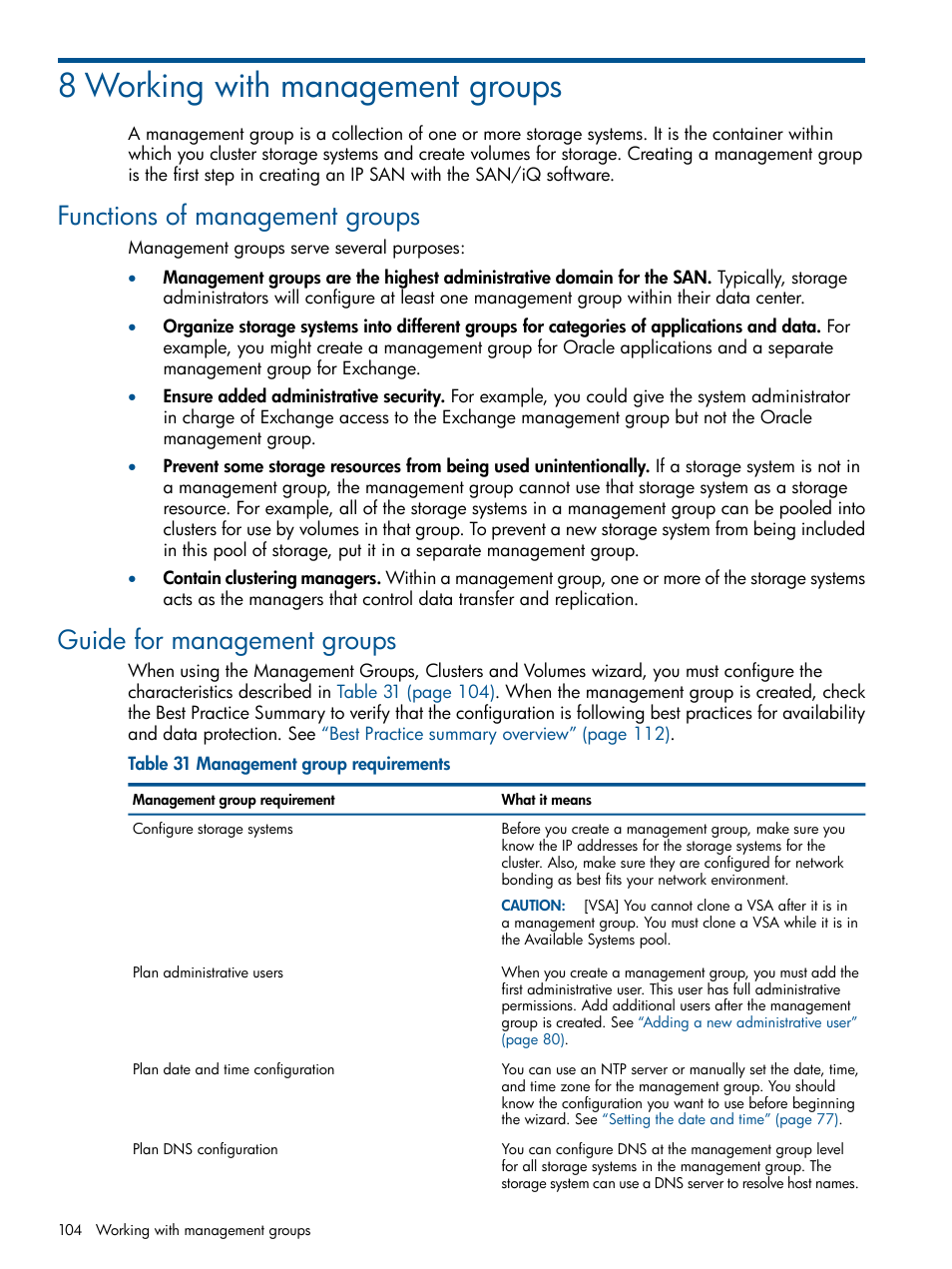 8 working with management groups, Functions of management groups, Guide for management groups | HP LeftHand P4000 Virtual SAN Appliance Software User Manual | Page 104 / 275
