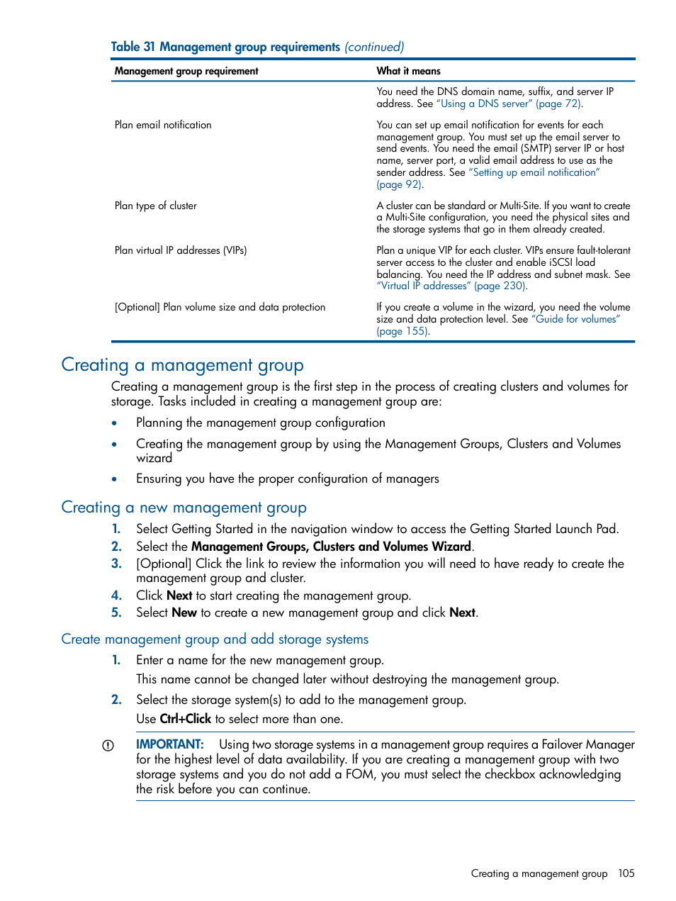 Creating a management group, Creating a new management group, Create management group and add storage systems | HP LeftHand P4000 Virtual SAN Appliance Software User Manual | Page 105 / 275