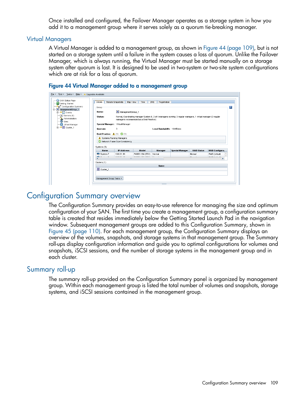 Virtual managers, Configuration summary overview, Summary roll-up | HP LeftHand P4000 Virtual SAN Appliance Software User Manual | Page 109 / 275
