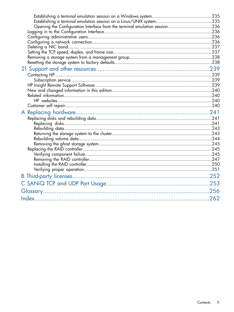21 support and other resources, A replacing hardware | HP LeftHand P4000 Virtual SAN Appliance Software User Manual | Page 11 / 275