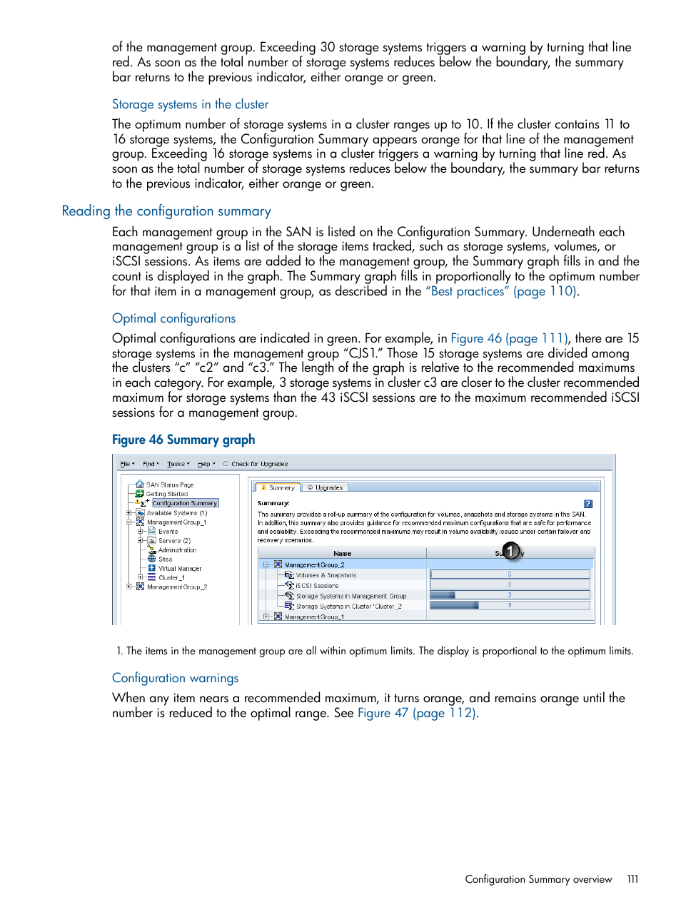 Storage systems in the cluster, Reading the configuration summary, Optimal configurations | Configuration warnings | HP LeftHand P4000 Virtual SAN Appliance Software User Manual | Page 111 / 275