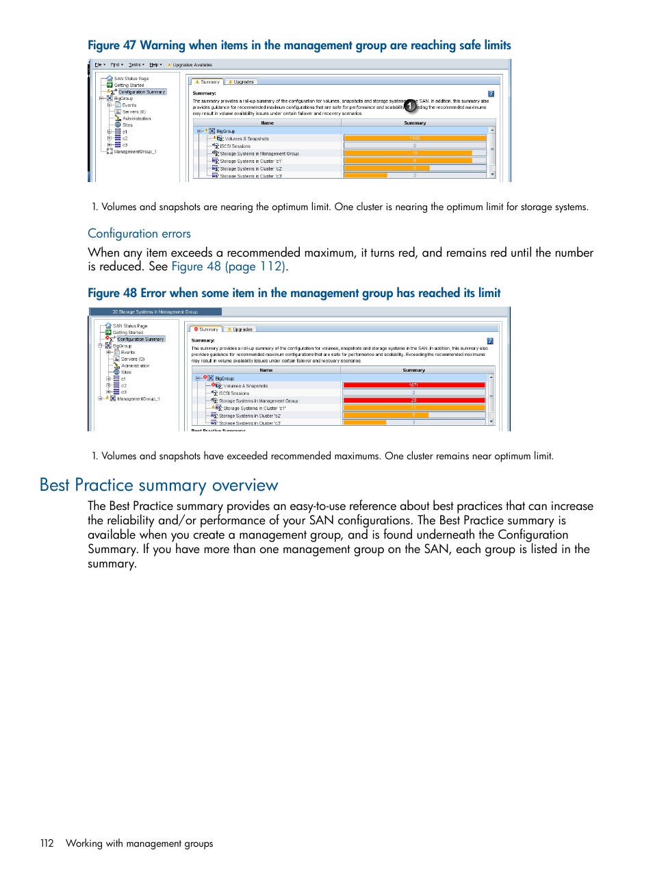 Configuration errors, Best practice summary overview | HP LeftHand P4000 Virtual SAN Appliance Software User Manual | Page 112 / 275