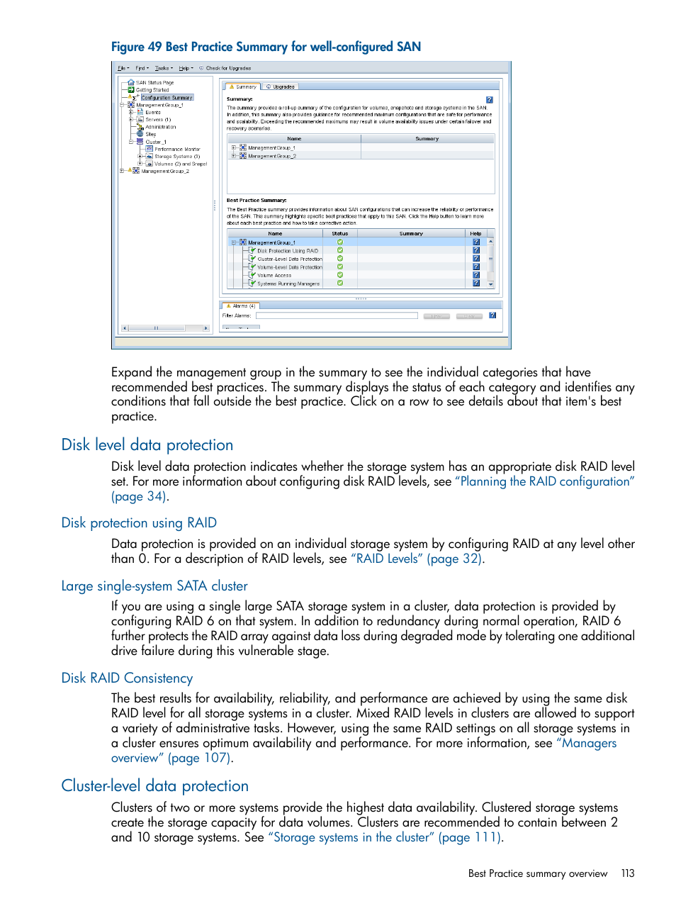 Disk level data protection, Disk protection using raid, Large single-system sata cluster | Disk raid consistency, Cluster-level data protection | HP LeftHand P4000 Virtual SAN Appliance Software User Manual | Page 113 / 275