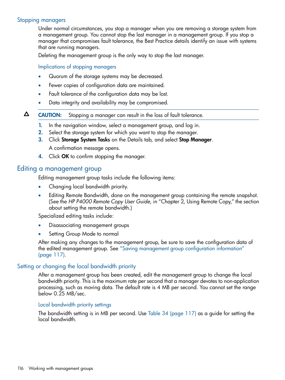 Stopping managers, Implications of stopping managers, Editing a management group | Setting or changing the local bandwidth priority, Local bandwidth priority settings | HP LeftHand P4000 Virtual SAN Appliance Software User Manual | Page 116 / 275