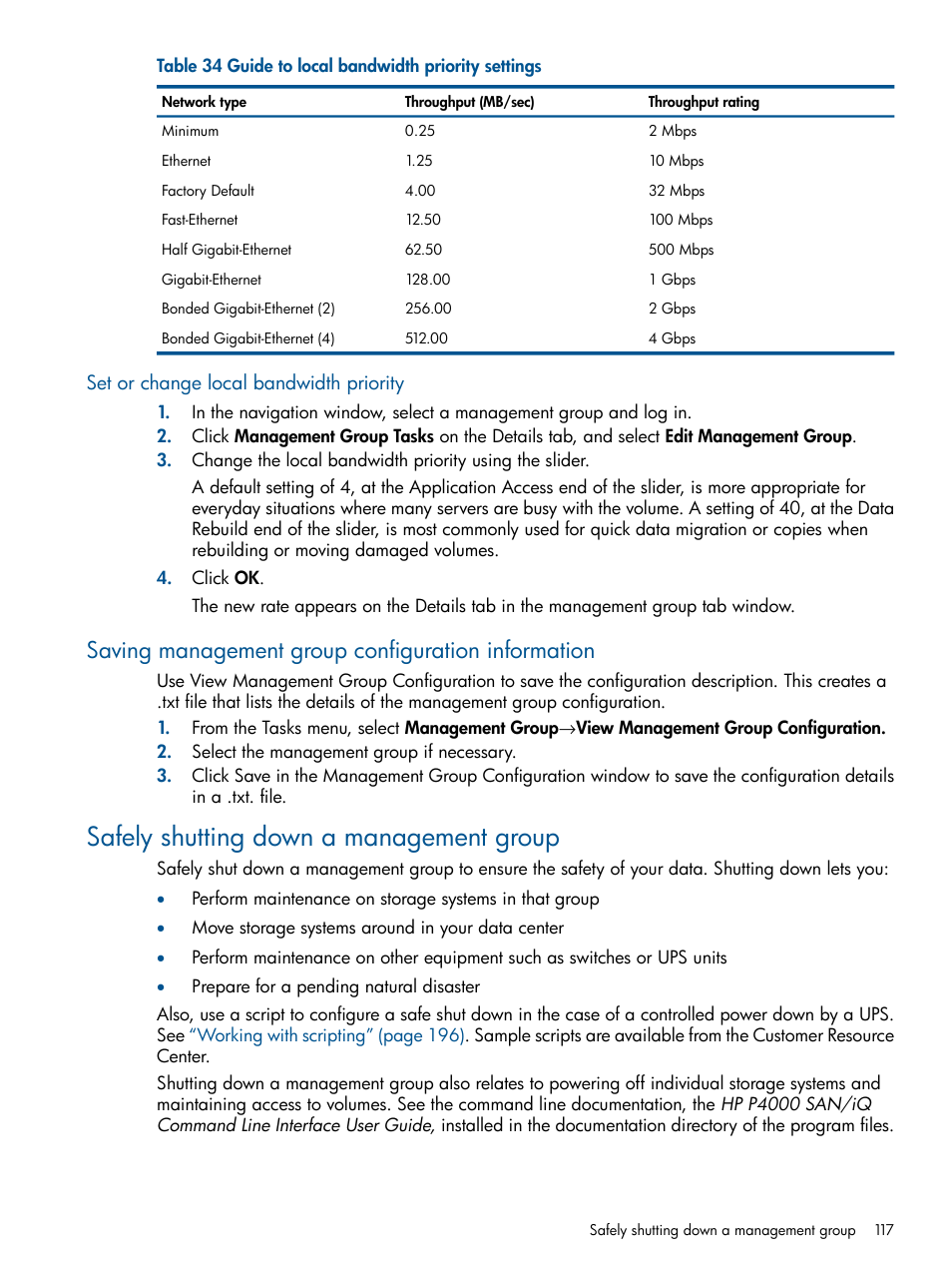 Set or change local bandwidth priority, Saving management group configuration information, Safely shutting down a management group | HP LeftHand P4000 Virtual SAN Appliance Software User Manual | Page 117 / 275