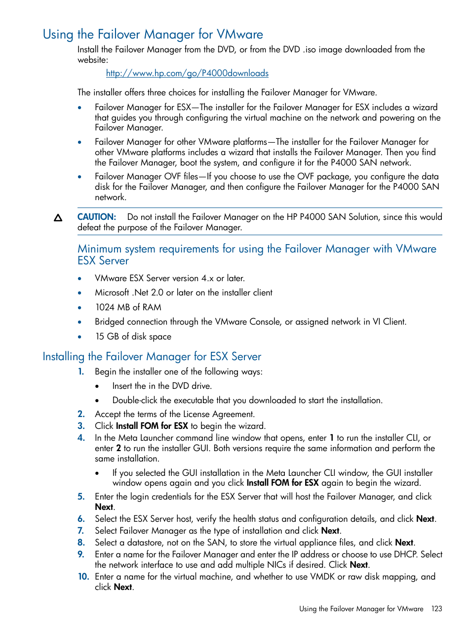 Using the failover manager for vmware, Installing the failover manager for esx server | HP LeftHand P4000 Virtual SAN Appliance Software User Manual | Page 123 / 275