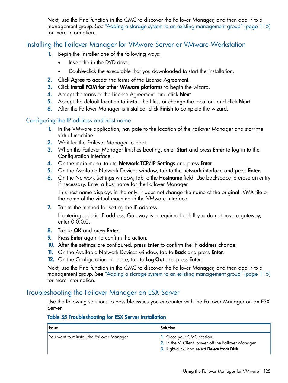 Configuring the ip address and host name, Troubleshooting the failover manager on esx server | HP LeftHand P4000 Virtual SAN Appliance Software User Manual | Page 125 / 275