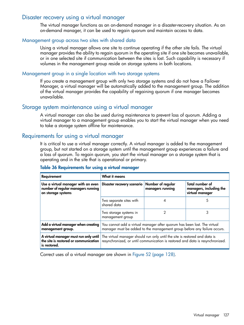 Disaster recovery using a virtual manager, Management group across two sites with shared data, Storage system maintenance using a virtual manager | Requirements for using a virtual manager | HP LeftHand P4000 Virtual SAN Appliance Software User Manual | Page 127 / 275