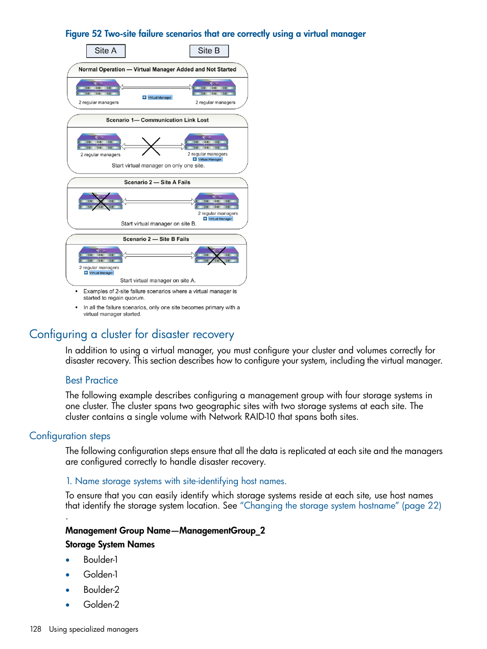Configuring a cluster for disaster recovery, Configuration steps | HP LeftHand P4000 Virtual SAN Appliance Software User Manual | Page 128 / 275