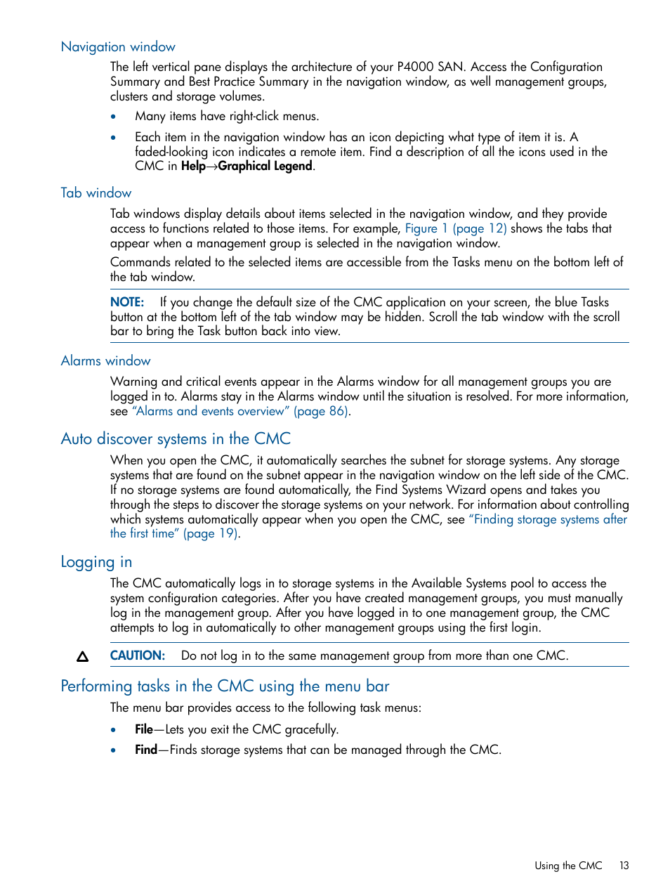Navigation window, Tab window, Alarms window | Auto discover systems in the cmc, Logging in, Performing tasks in the cmc using the menu bar | HP LeftHand P4000 Virtual SAN Appliance Software User Manual | Page 13 / 275