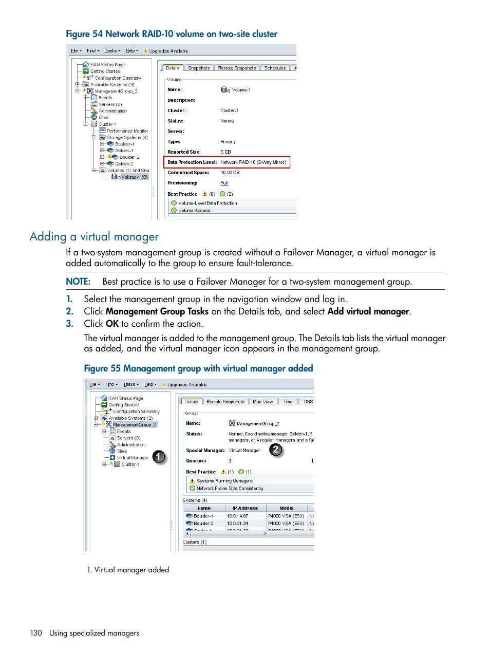 Adding a virtual manager | HP LeftHand P4000 Virtual SAN Appliance Software User Manual | Page 130 / 275