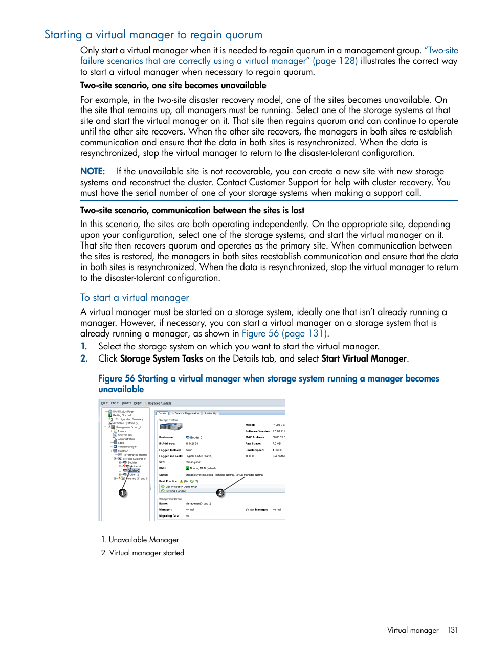 Starting a virtual manager to regain quorum | HP LeftHand P4000 Virtual SAN Appliance Software User Manual | Page 131 / 275