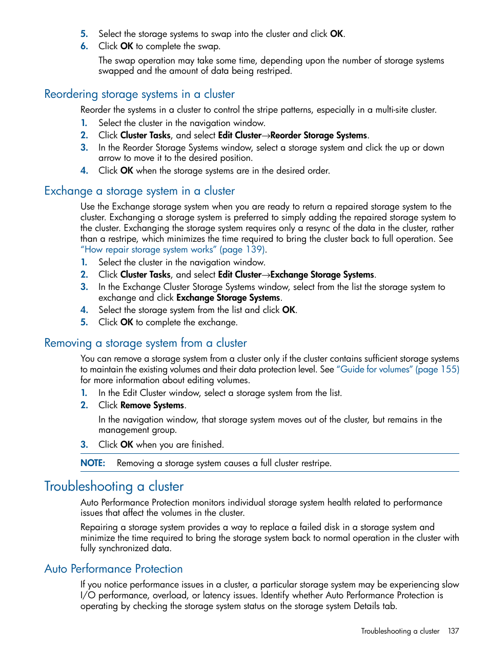 Reordering storage systems in a cluster, Exchange a storage system in a cluster, Removing a storage system from a cluster | Troubleshooting a cluster, Auto performance protection | HP LeftHand P4000 Virtual SAN Appliance Software User Manual | Page 137 / 275