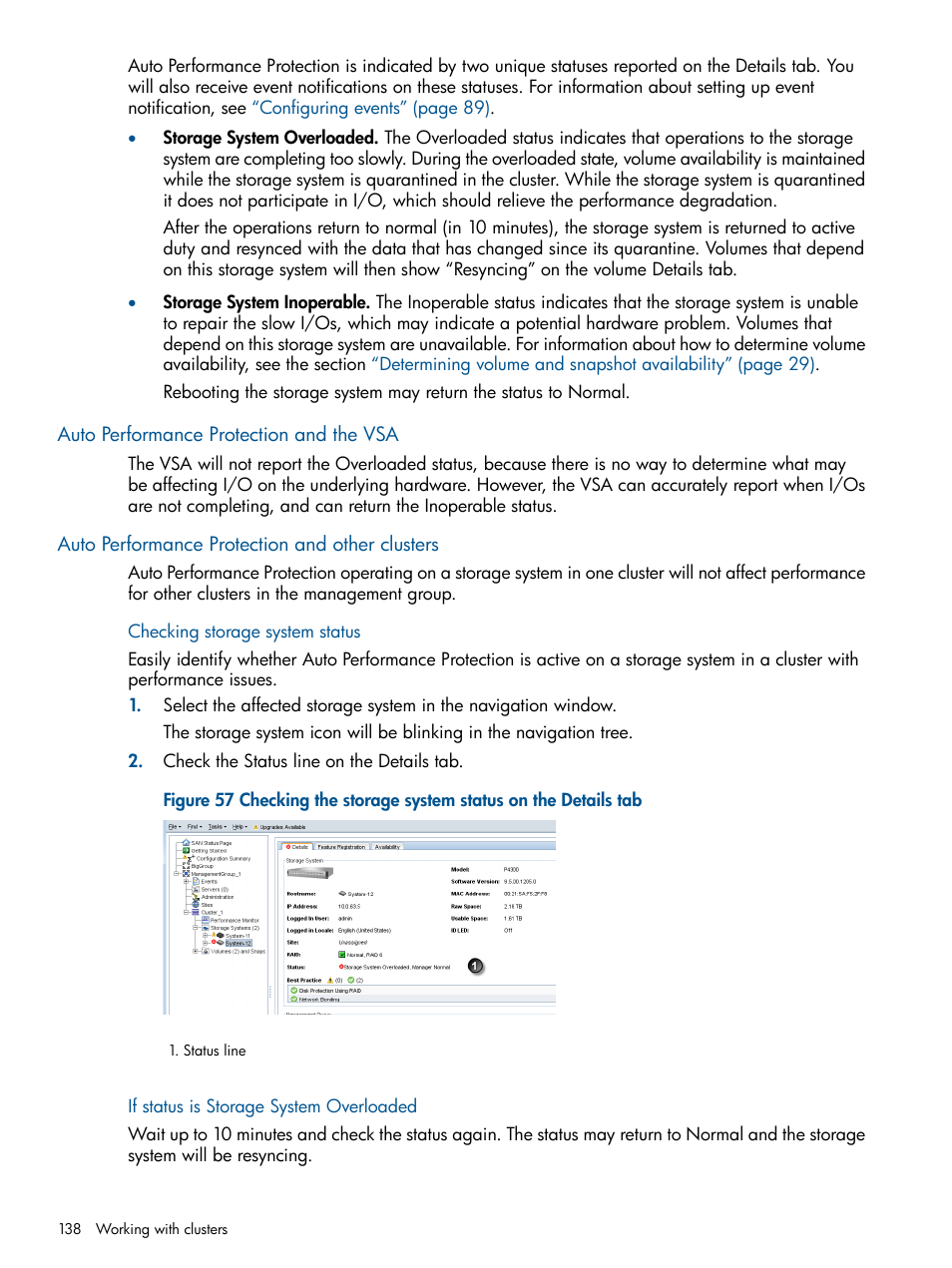 Auto performance protection and the vsa, Auto performance protection and other clusters, Checking storage system status | If status is storage system overloaded | HP LeftHand P4000 Virtual SAN Appliance Software User Manual | Page 138 / 275