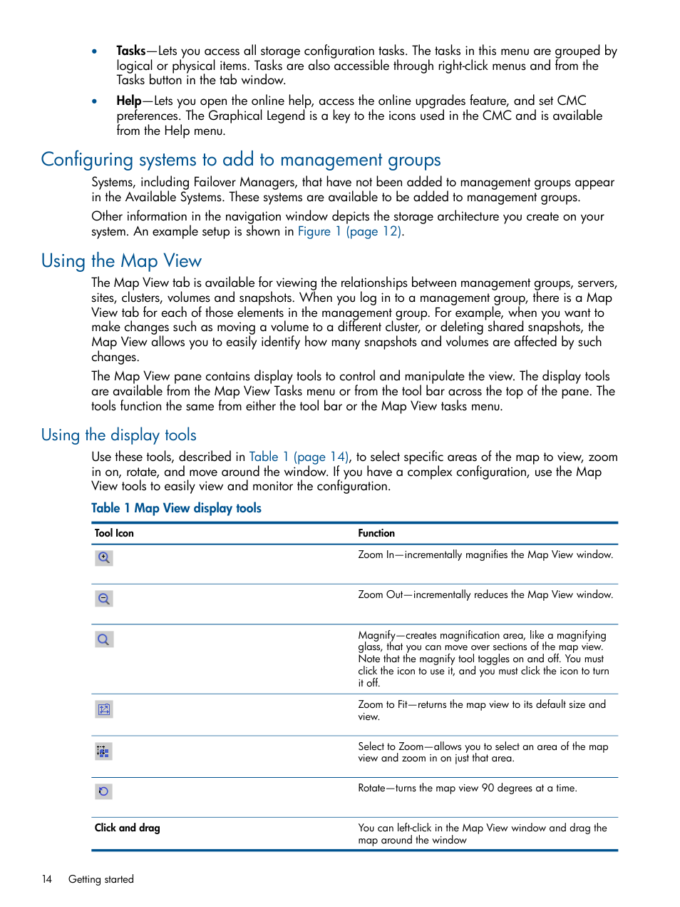 Configuring systems to add to management groups, Using the map view, Using the display tools | HP LeftHand P4000 Virtual SAN Appliance Software User Manual | Page 14 / 275