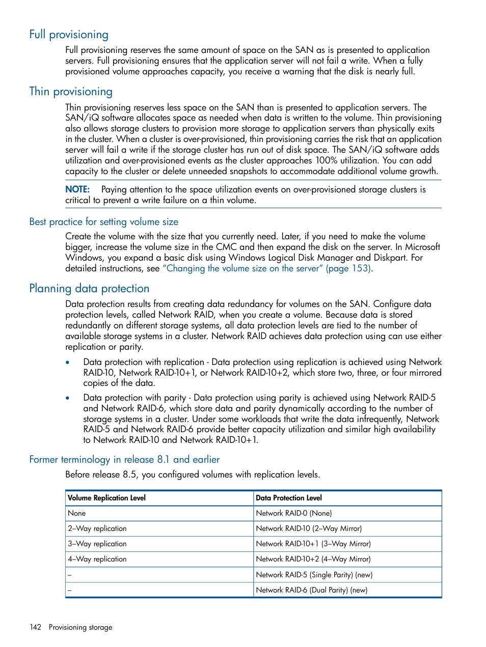 Full provisioning, Thin provisioning, Best practice for setting volume size | Planning data protection, Former terminology in release 8.1 and earlier | HP LeftHand P4000 Virtual SAN Appliance Software User Manual | Page 142 / 275