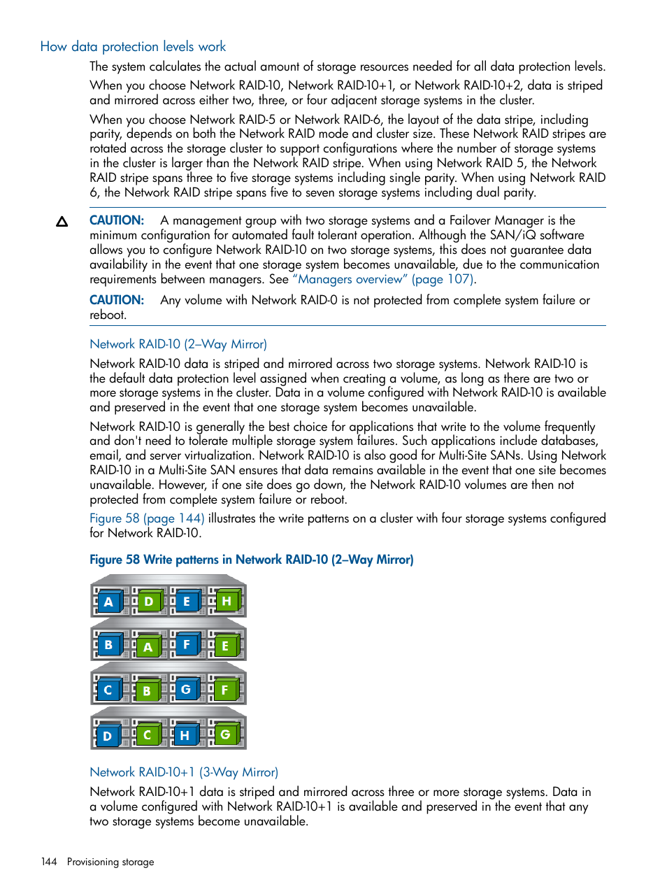 How data protection levels work, Network raid-10 (2–way mirror), Network raid-10+1 (3-way mirror) | HP LeftHand P4000 Virtual SAN Appliance Software User Manual | Page 144 / 275