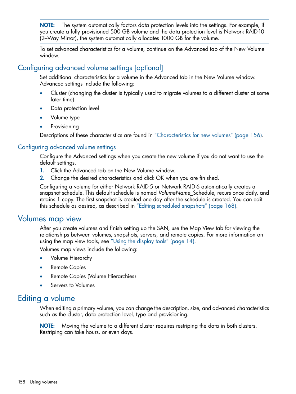 Configuring advanced volume settings [optional, Configuring advanced volume settings, Volumes map view | Editing a volume, Volumes map view editing a volume | HP LeftHand P4000 Virtual SAN Appliance Software User Manual | Page 158 / 275