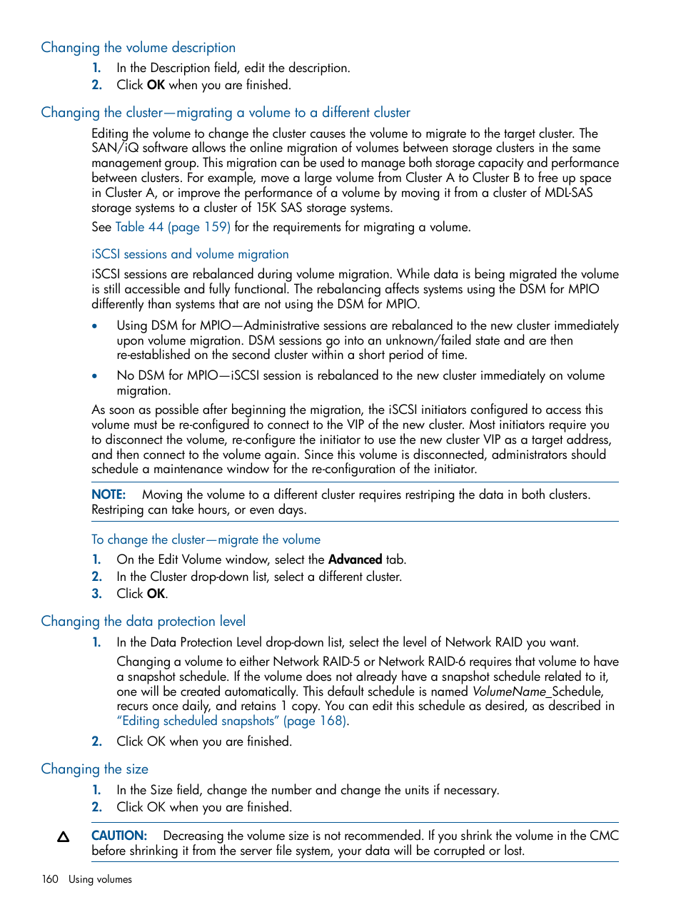 Changing the volume description, Changing the data protection level, Changing the size | HP LeftHand P4000 Virtual SAN Appliance Software User Manual | Page 160 / 275