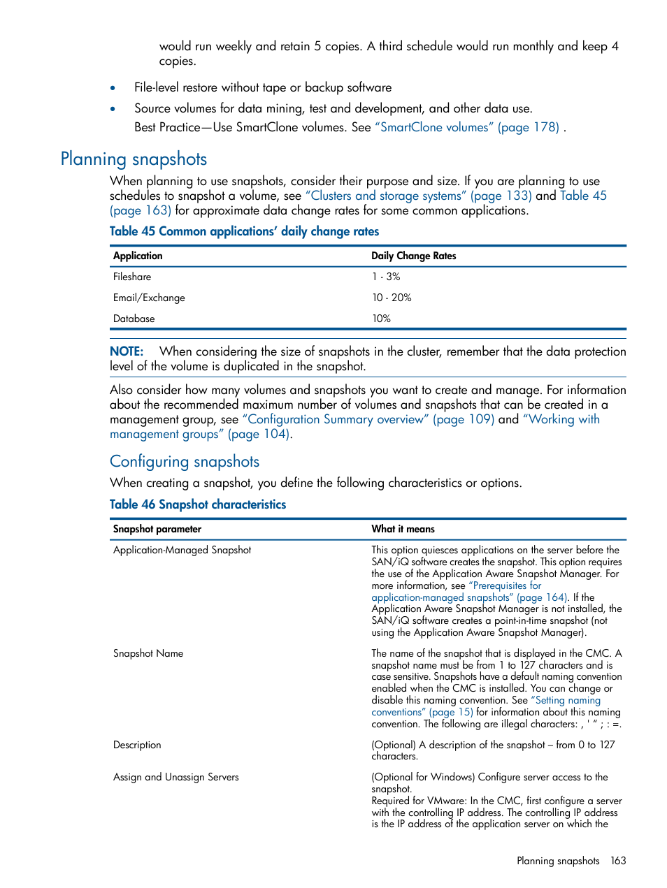 Planning snapshots, Configuring snapshots | HP LeftHand P4000 Virtual SAN Appliance Software User Manual | Page 163 / 275