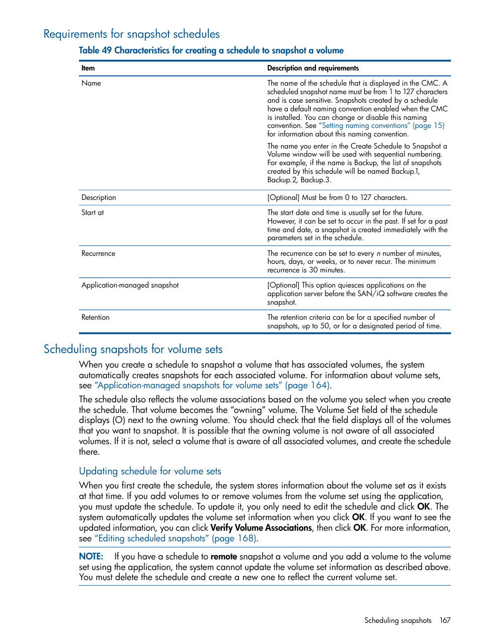 Requirements for snapshot schedules, Scheduling snapshots for volume sets, Updating schedule for volume sets | HP LeftHand P4000 Virtual SAN Appliance Software User Manual | Page 167 / 275