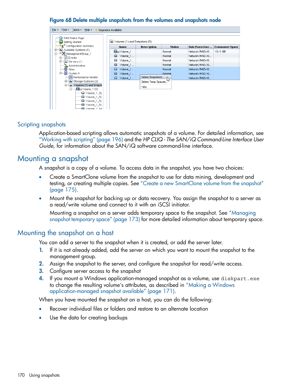 Scripting snapshots, Mounting a snapshot, Mounting the snapshot on a host | HP LeftHand P4000 Virtual SAN Appliance Software User Manual | Page 170 / 275