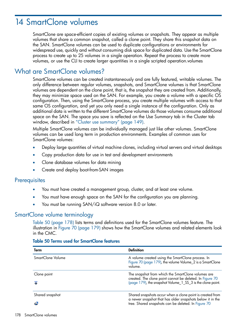 14 smartclone volumes, What are smartclone volumes, Prerequisites | Smartclone volume terminology, Prerequisites smartclone volume terminology | HP LeftHand P4000 Virtual SAN Appliance Software User Manual | Page 178 / 275