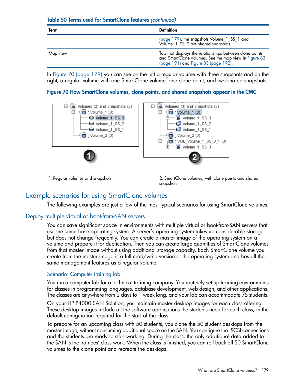 Example scenarios for using smartclone volumes, Deploy multiple virtual or boot-from-san servers, Scenario: computer training lab | Figure 70 | HP LeftHand P4000 Virtual SAN Appliance Software User Manual | Page 179 / 275