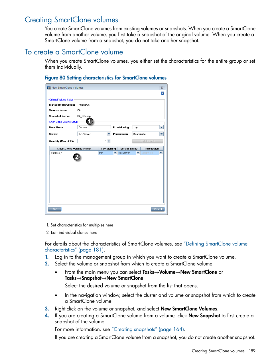 Creating smartclone volumes, To create a smartclone volume | HP LeftHand P4000 Virtual SAN Appliance Software User Manual | Page 189 / 275