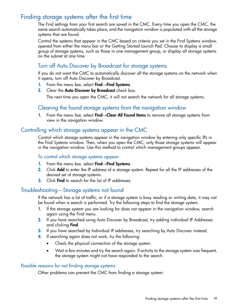 Finding storage systems after the first time, Troubleshooting—storage systems not found, Possible reasons for not finding storage systems | Finding storage systems after | HP LeftHand P4000 Virtual SAN Appliance Software User Manual | Page 19 / 275