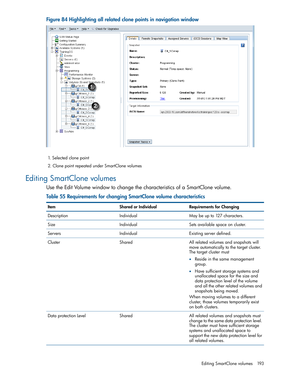 Editing smartclone volumes | HP LeftHand P4000 Virtual SAN Appliance Software User Manual | Page 193 / 275