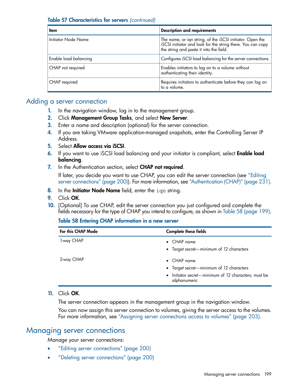 Adding a server connection, Managing server connections | HP LeftHand P4000 Virtual SAN Appliance Software User Manual | Page 199 / 275