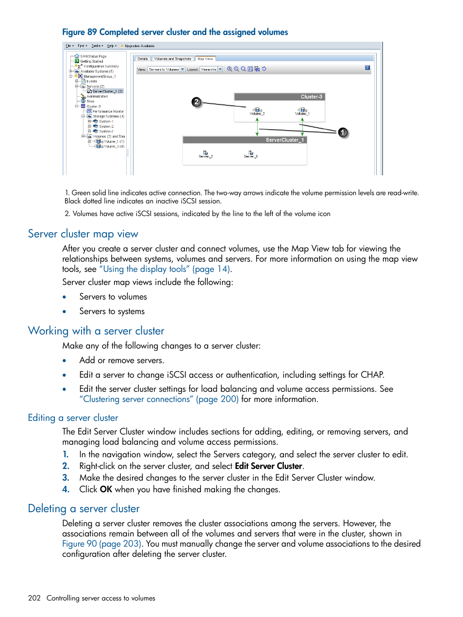 Server cluster map view, Working with a server cluster, Editing a server cluster | Deleting a server cluster | HP LeftHand P4000 Virtual SAN Appliance Software User Manual | Page 202 / 275