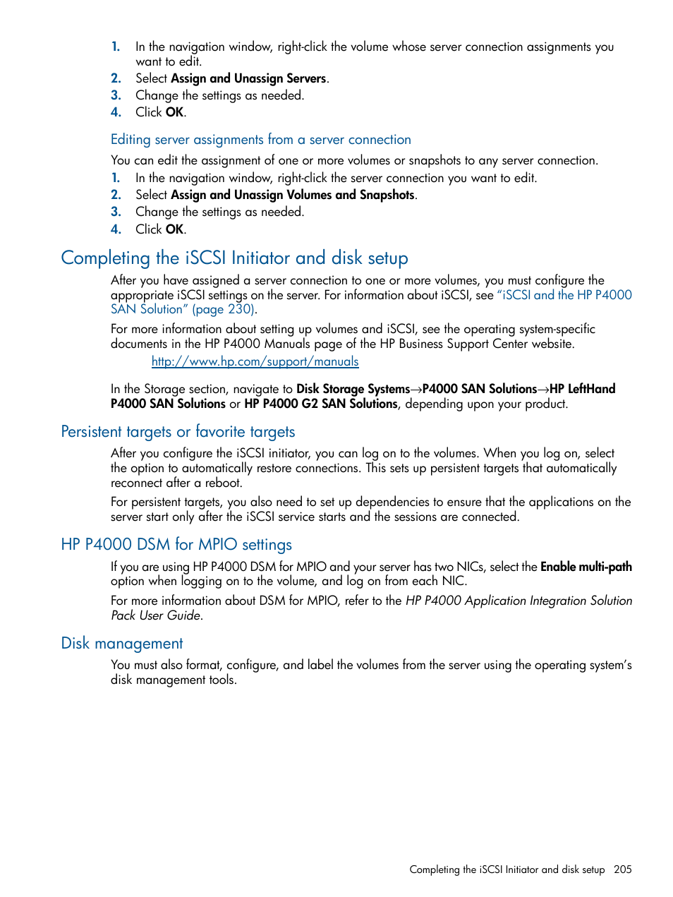Completing the iscsi initiator and disk setup, Persistent targets or favorite targets, Hp p4000 dsm for mpio settings | Disk management, Completing the iscsi, Completing the | HP LeftHand P4000 Virtual SAN Appliance Software User Manual | Page 205 / 275