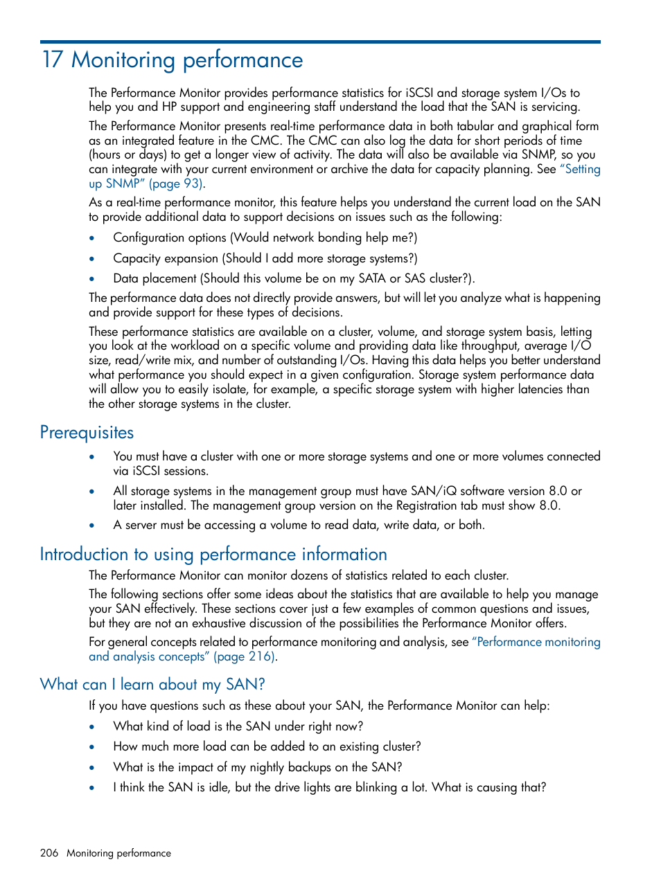 17 monitoring performance, Prerequisites, Introduction to using performance information | What can i learn about my san | HP LeftHand P4000 Virtual SAN Appliance Software User Manual | Page 206 / 275