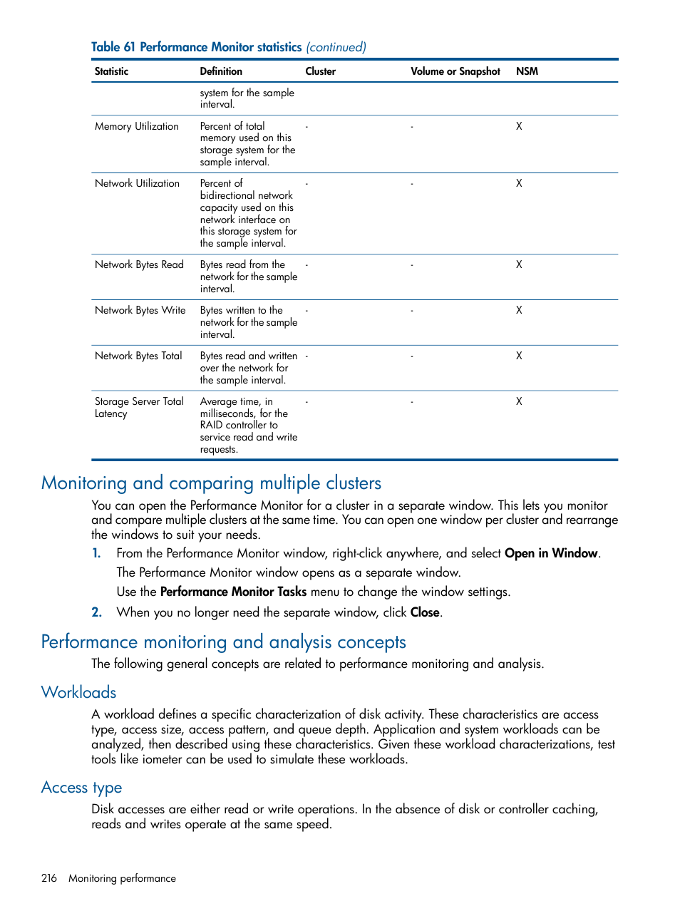 Monitoring and comparing multiple clusters, Performance monitoring and analysis concepts, Workloads | Access type, Workloads access type, Performance monitoring | HP LeftHand P4000 Virtual SAN Appliance Software User Manual | Page 216 / 275