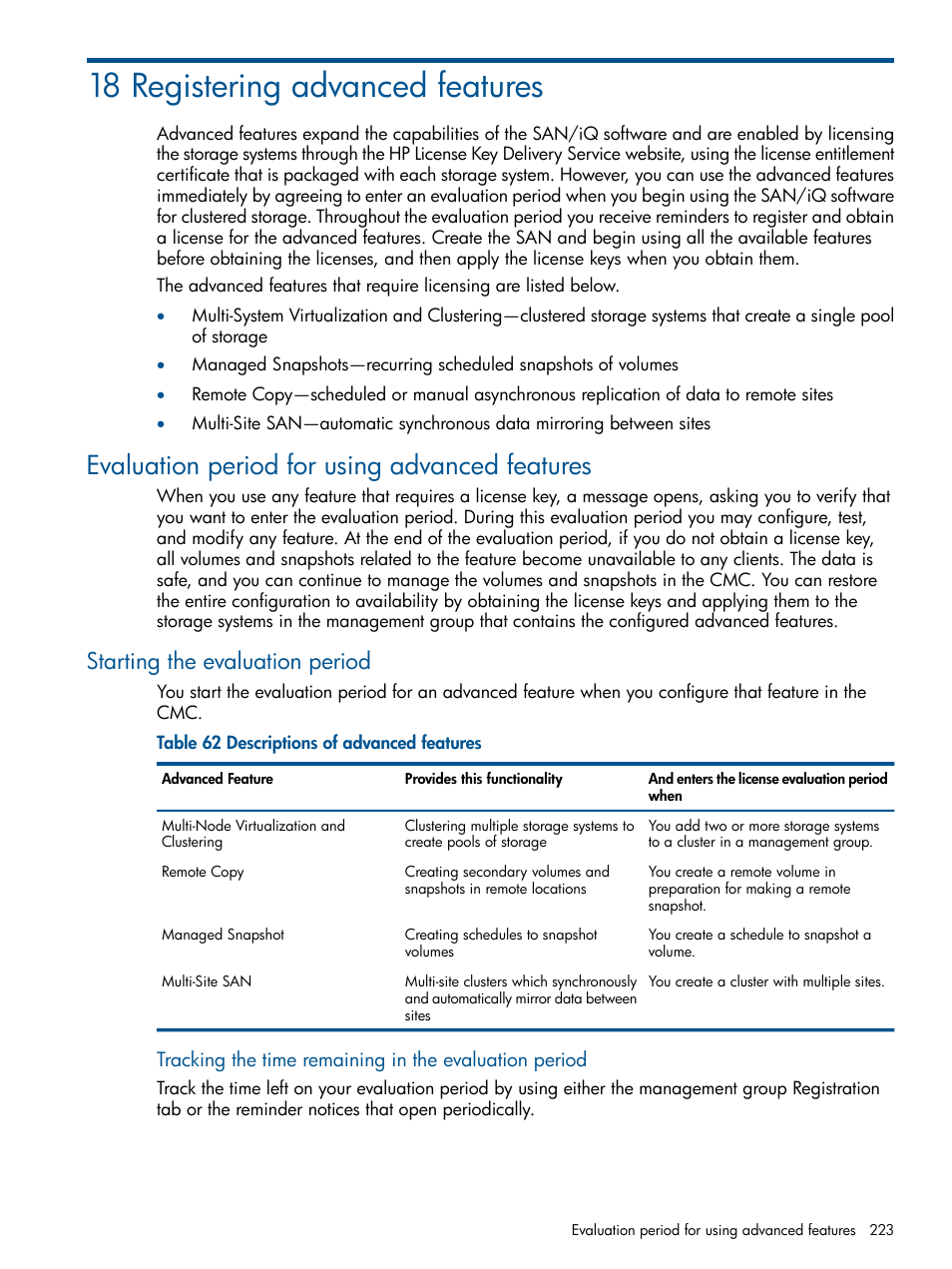 18 registering advanced features, Evaluation period for using advanced features, Starting the evaluation period | HP LeftHand P4000 Virtual SAN Appliance Software User Manual | Page 223 / 275