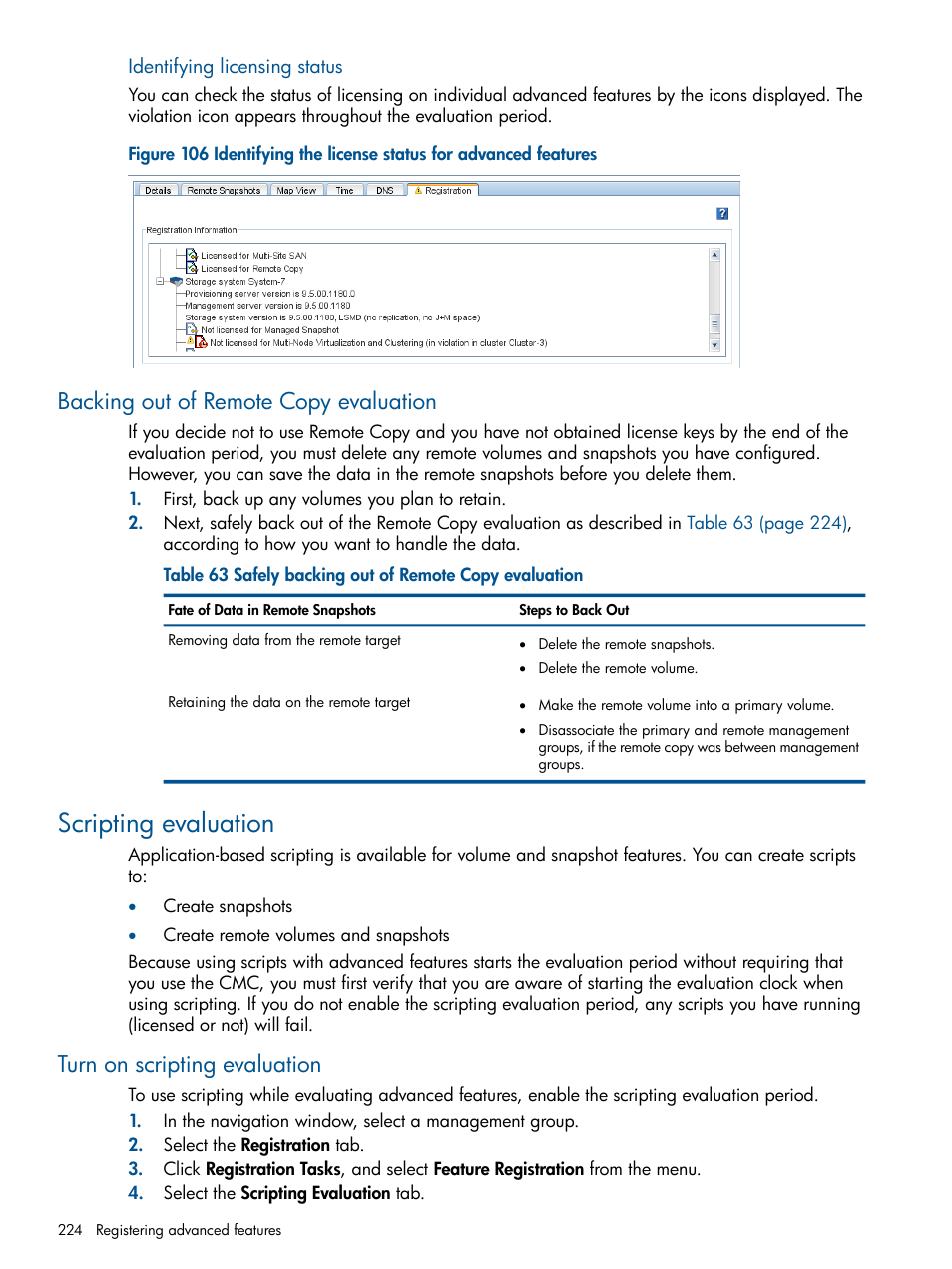 Backing out of remote copy evaluation, Scripting evaluation, Turn on scripting evaluation | HP LeftHand P4000 Virtual SAN Appliance Software User Manual | Page 224 / 275