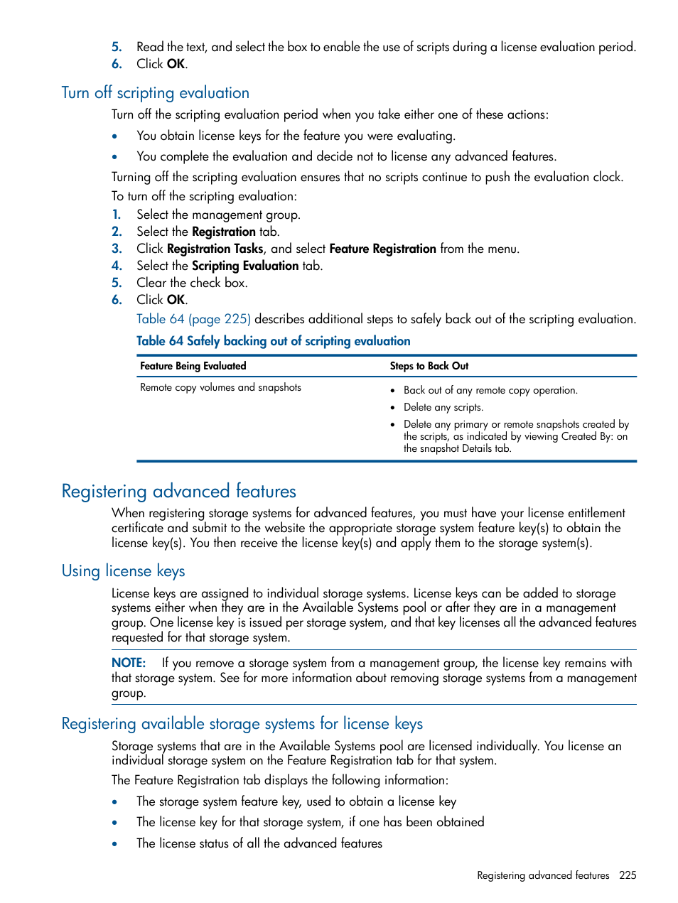 Turn off scripting evaluation, Registering advanced features, Using license keys | HP LeftHand P4000 Virtual SAN Appliance Software User Manual | Page 225 / 275