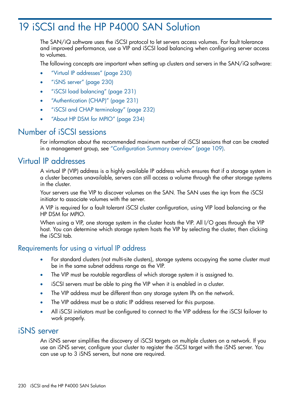 19 iscsi and the hp p4000 san solution, Number of iscsi sessions, Virtual ip addresses | Requirements for using a virtual ip address, Isns server, Number of iscsi sessions virtual ip addresses | HP LeftHand P4000 Virtual SAN Appliance Software User Manual | Page 230 / 275