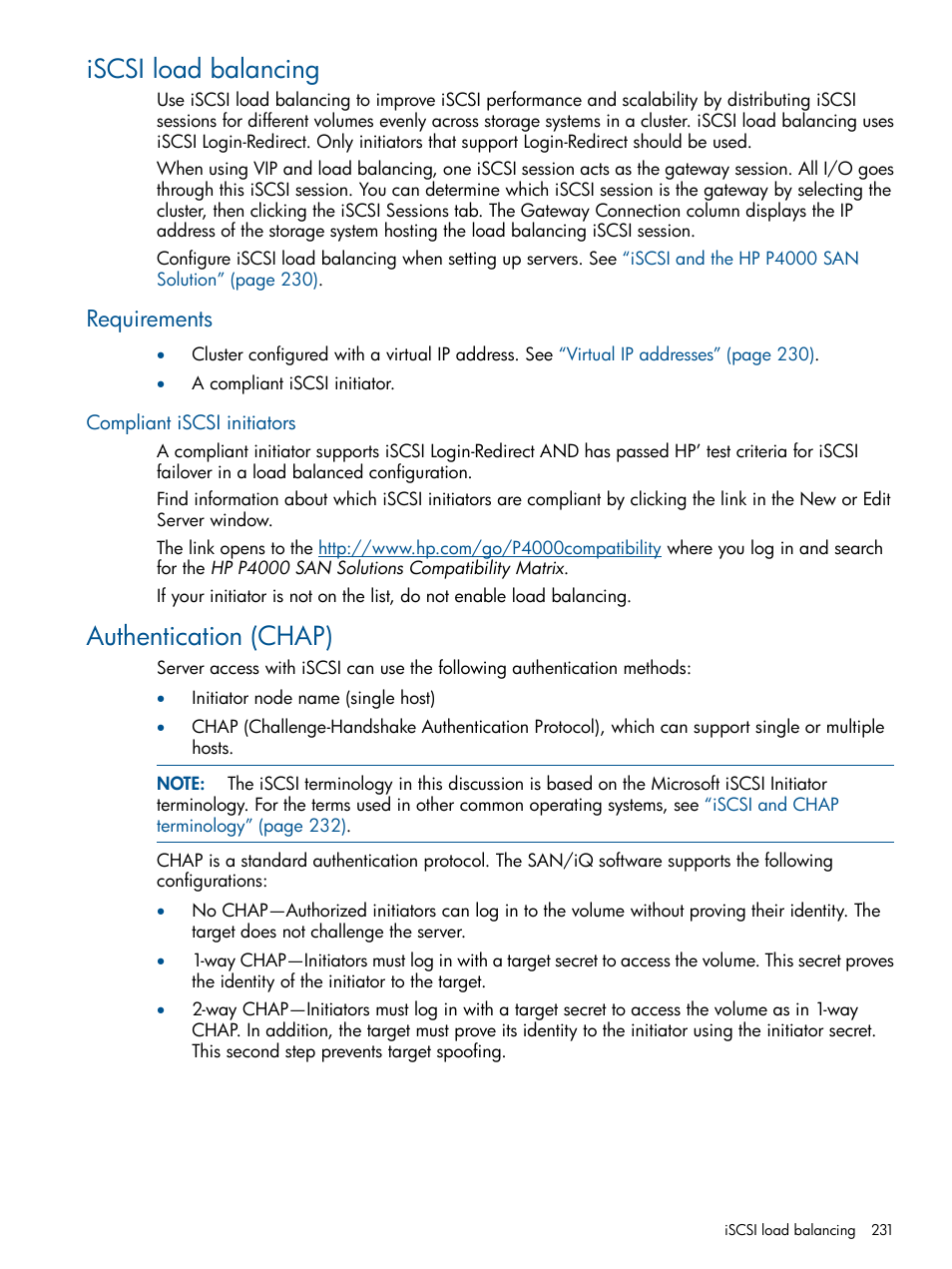 Iscsi load balancing, Requirements, Compliant iscsi initiators | Authentication (chap) | HP LeftHand P4000 Virtual SAN Appliance Software User Manual | Page 231 / 275