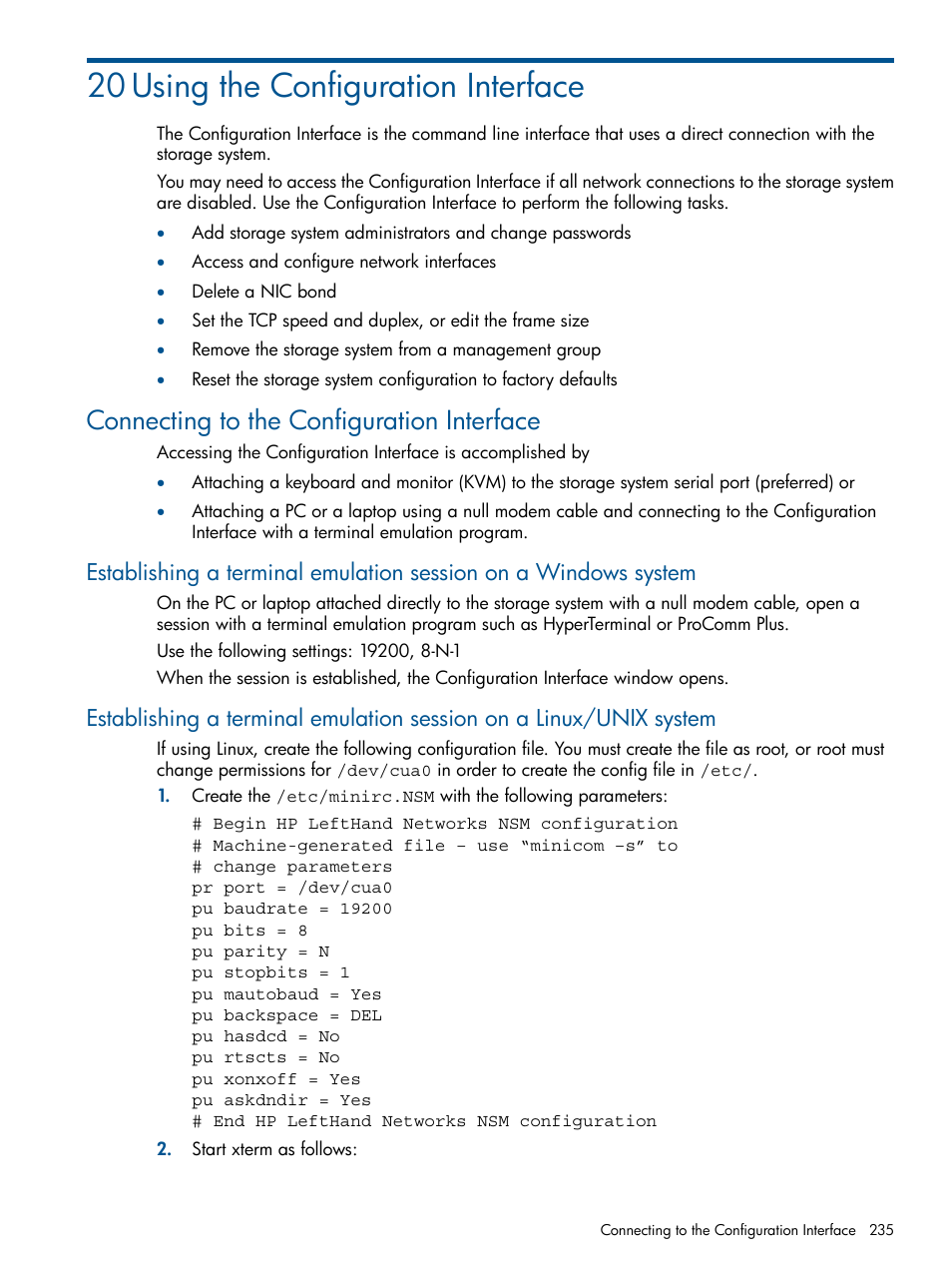 20 using the configuration interface, Connecting to the configuration interface | HP LeftHand P4000 Virtual SAN Appliance Software User Manual | Page 235 / 275