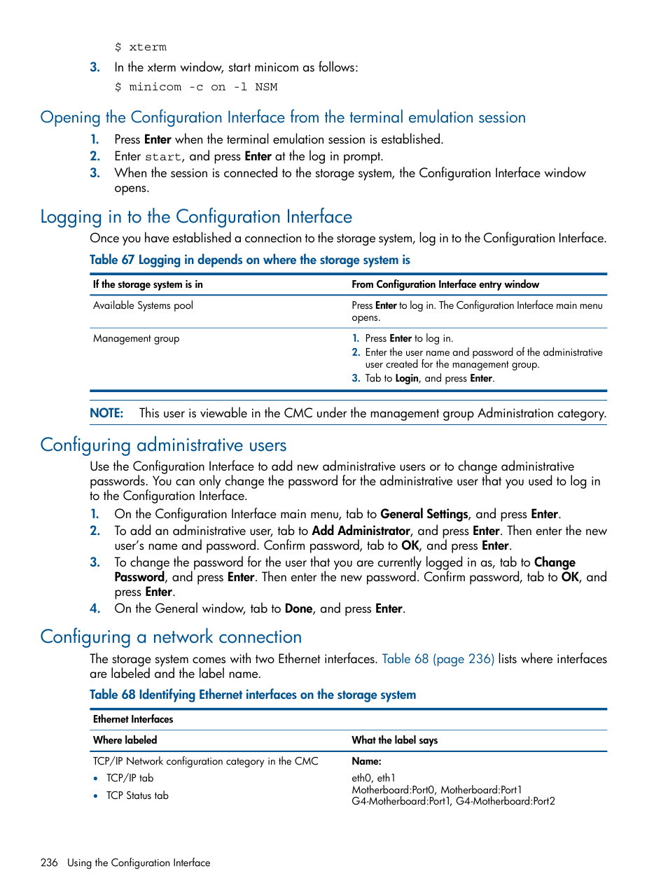 Logging in to the configuration interface, Configuring administrative users, Configuring a network connection | HP LeftHand P4000 Virtual SAN Appliance Software User Manual | Page 236 / 275