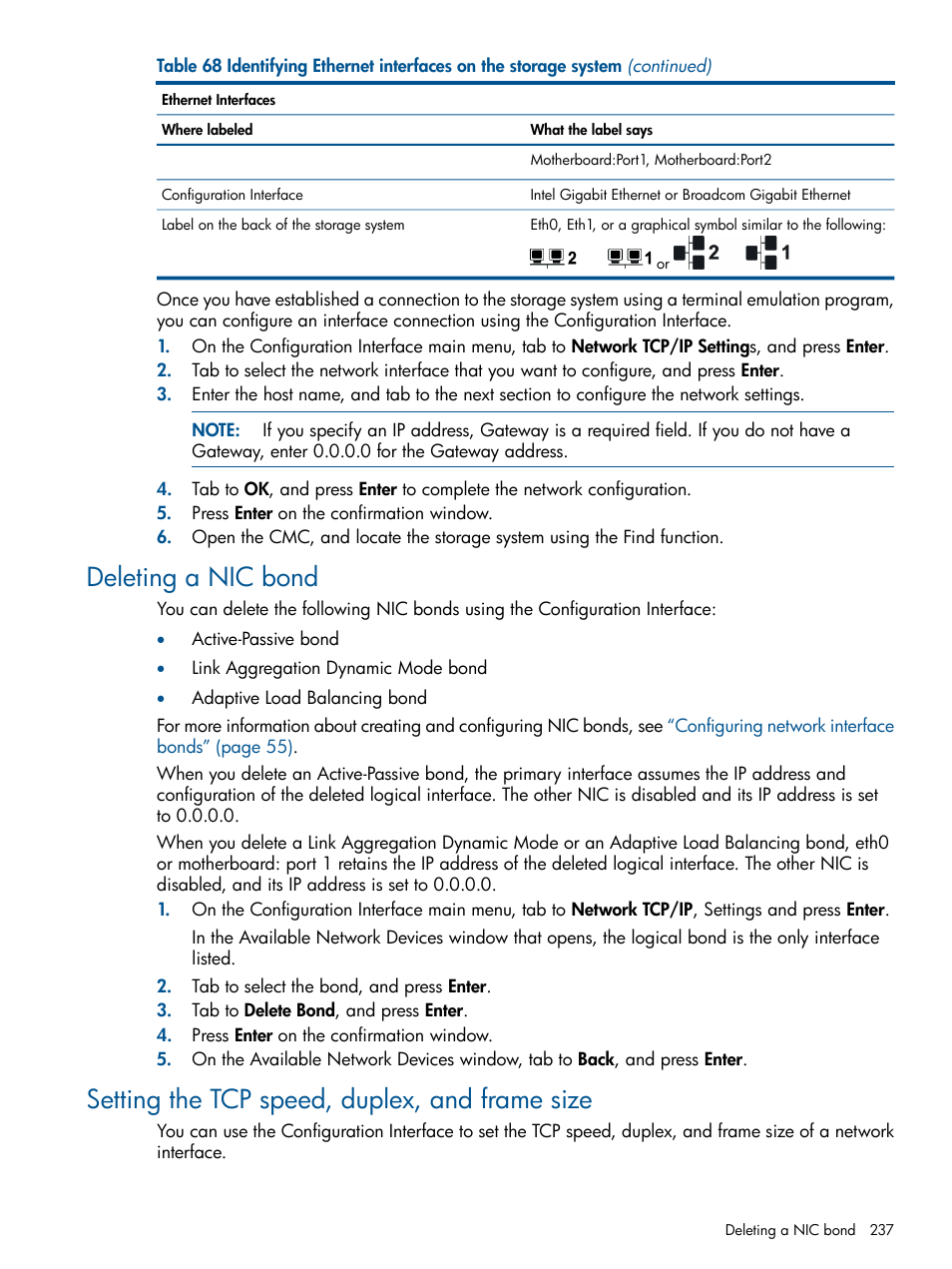 Deleting a nic bond, Setting the tcp speed, duplex, and frame size | HP LeftHand P4000 Virtual SAN Appliance Software User Manual | Page 237 / 275