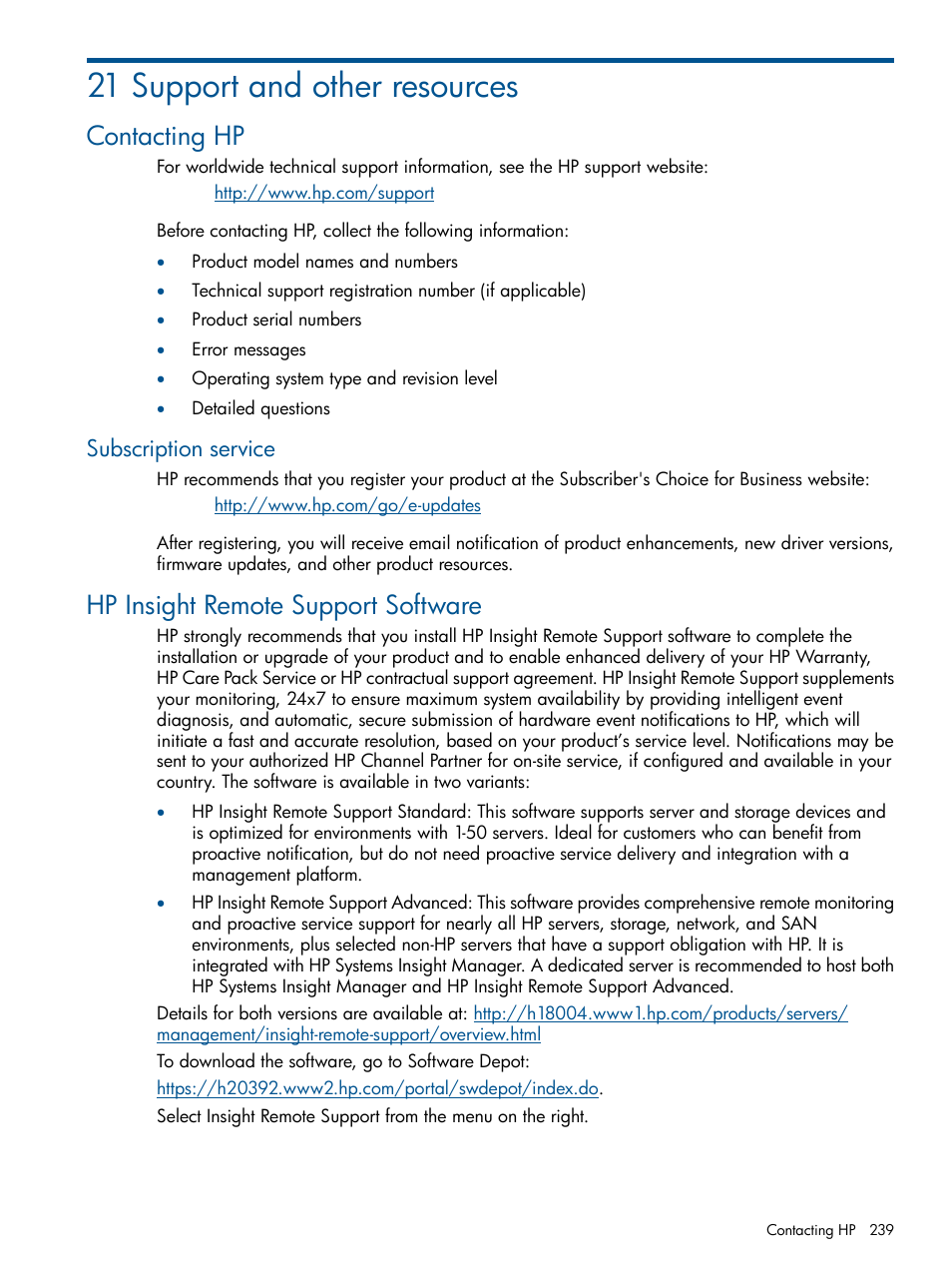 21 support and other resources, Contacting hp, Subscription service | Hp insight remote support software | HP LeftHand P4000 Virtual SAN Appliance Software User Manual | Page 239 / 275