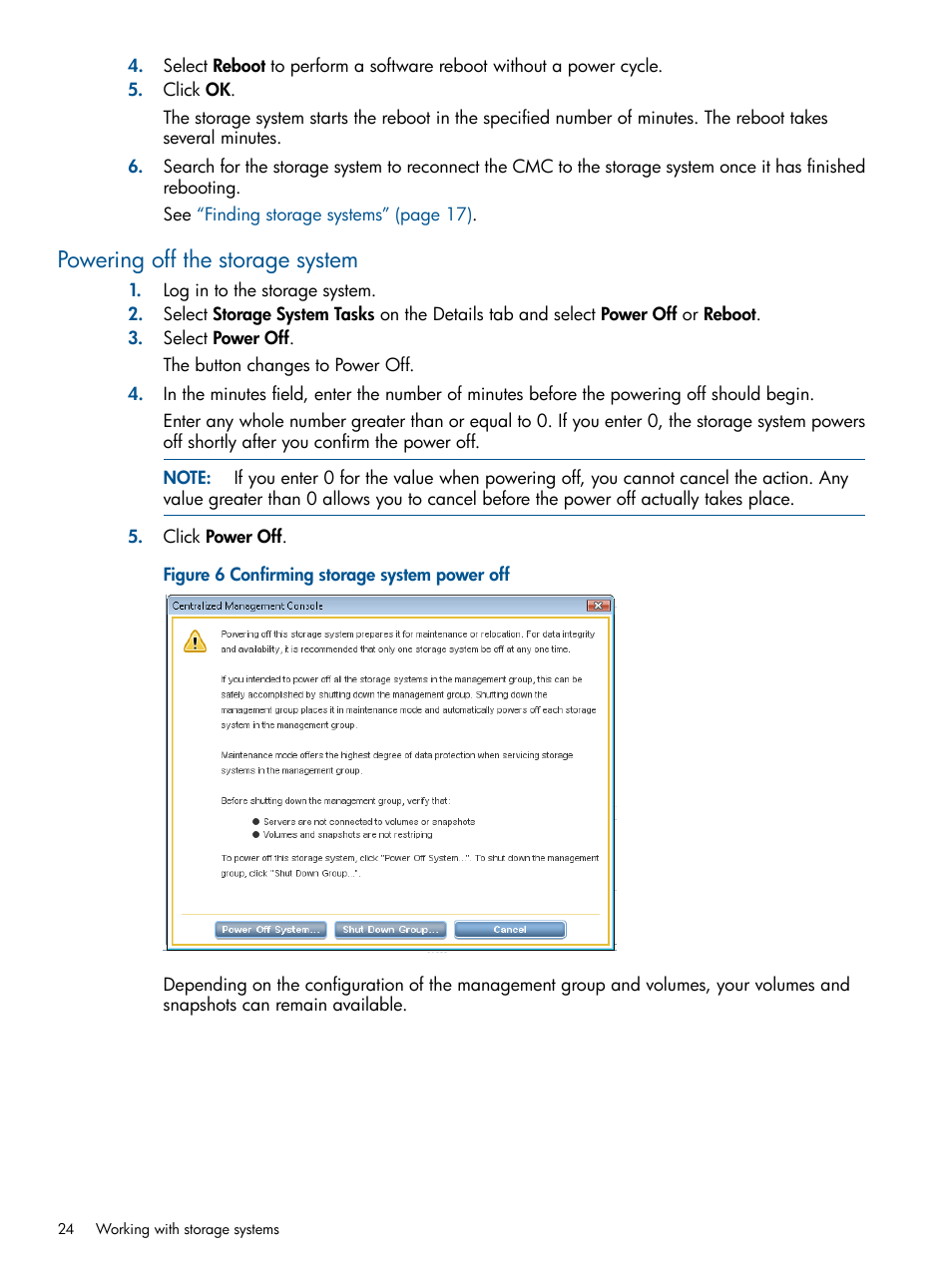 Powering off the storage system | HP LeftHand P4000 Virtual SAN Appliance Software User Manual | Page 24 / 275