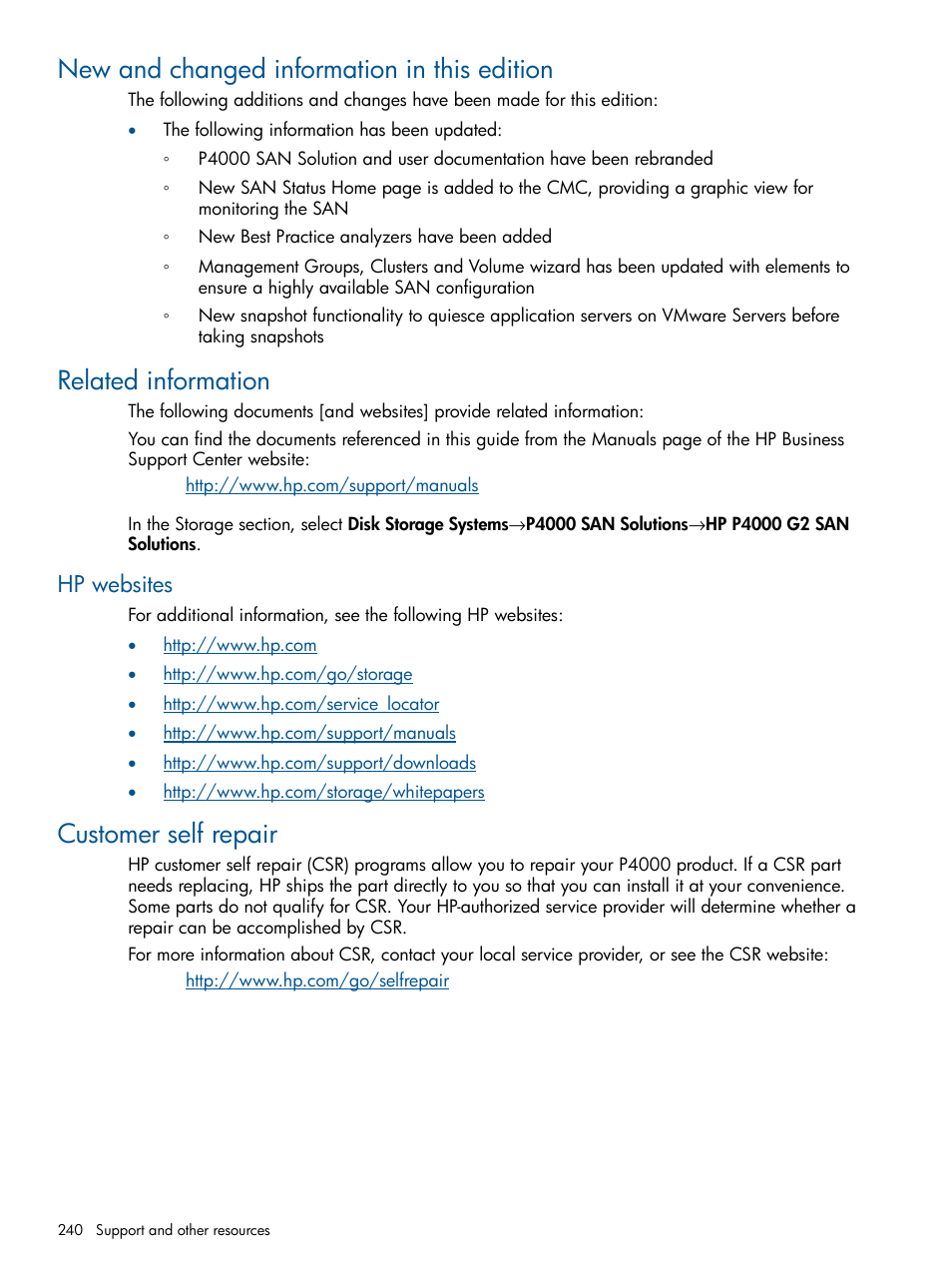 New and changed information in this edition, Related information, Hp websites | Customer self repair | HP LeftHand P4000 Virtual SAN Appliance Software User Manual | Page 240 / 275