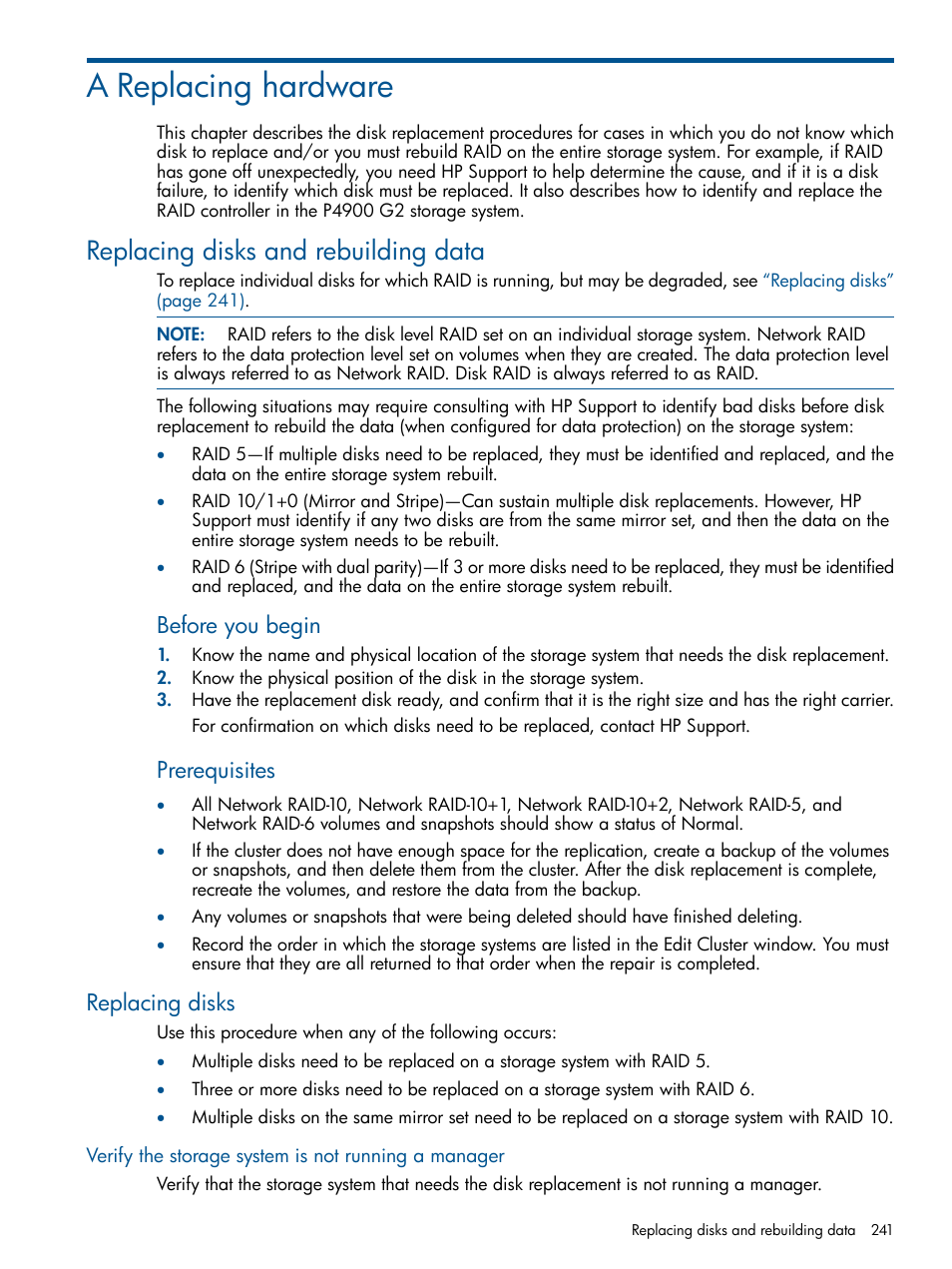 A replacing hardware, Replacing disks and rebuilding data, Replacing disks | Verify the storage system is not running a manager, Before you begin, Prerequisites | HP LeftHand P4000 Virtual SAN Appliance Software User Manual | Page 241 / 275